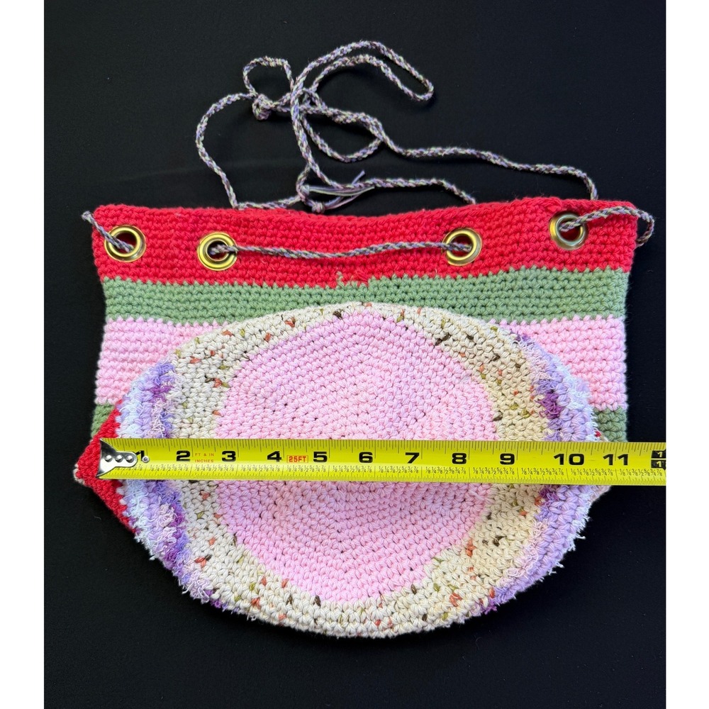 Handcrafted Crochet Bucket Bag Pink Green Striped Boho Drawstring Purse Whimsy - Picture 9 of 12